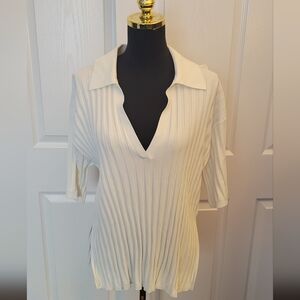H&M Ivory Ribbed Collared Blouse